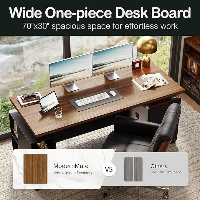 71" Standing Desk with 2 File Cabinet, AC/USB, 1.18" Desktop, L Shaped Height Adjustable Desk, Electric Furniture Set with Multiple Functions for Home and Office, Black Walnut