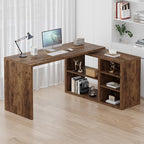 HSH Rustic L Desk with Storage Shelves, L Shaped Computer Desk with Open Storage Cabinet, Vintage Reversible Corner Home Office Desk for Living Room, Office, Rustic Brown 55 in