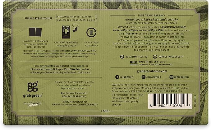Grab Green Stoneworks Cruelty-Free Dryer Sheets | Softens Fabrics, Freshens Clothing & Reduces Static-Cling and Wrinkles | Plant Based | Olive Leaf Scent (80 Sheets)