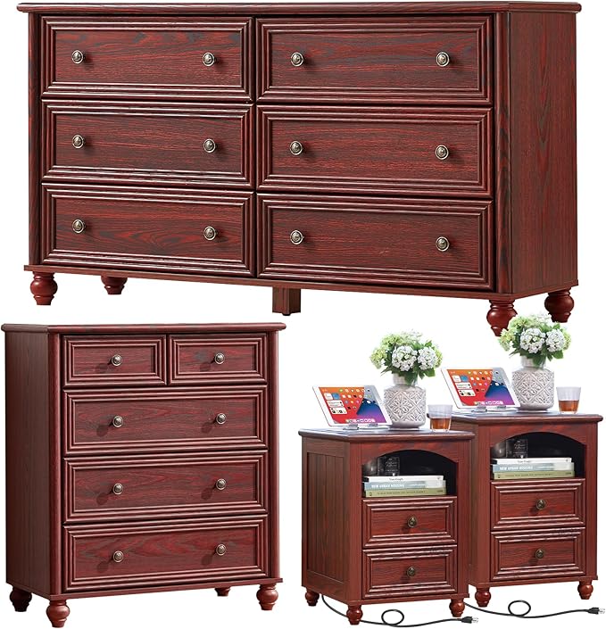 Farmhouse Dressers & Night Stand Set of 4, Wood 54" Wide Dresser & 35" Tall Chest of Drawers, 18" with Charging Station Nightstand Set of 2, Bedroom Furniture Dresser Set for Home Living Room Hallway