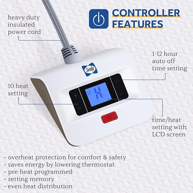 Sealy Heated Mattress Pad Twin, Zone Heating Electric Bed Warmer with Deep Pocket, 10 Heat Setting Controller & 1-12 Hours Auto Shut Off, Knitted Breathable Heated Mattress Cover, White