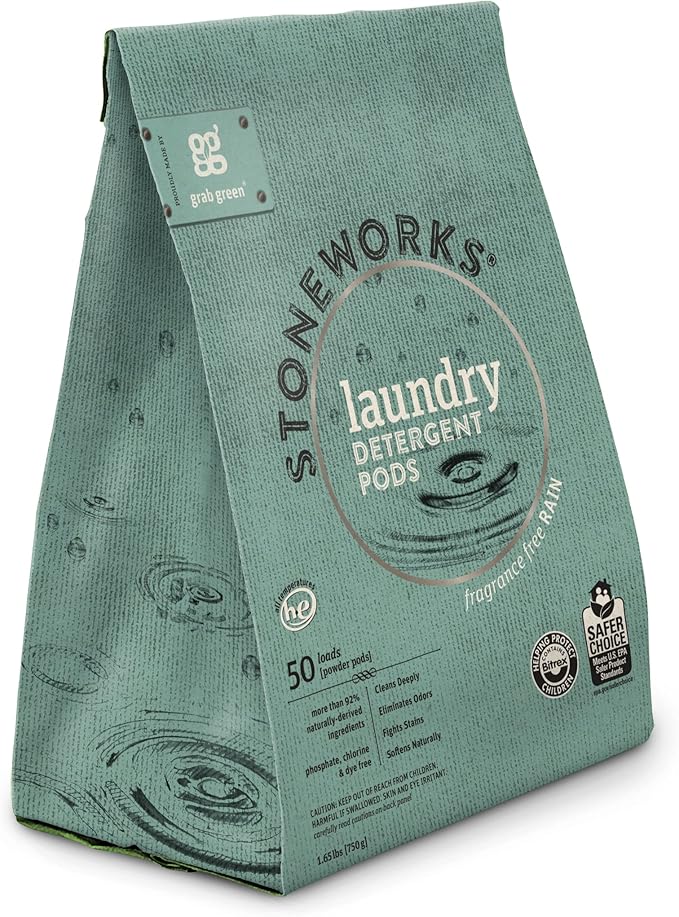 Grab Green Stoneworks Laundry Detergent Pods, 100 Count, Fragrance Free Rain Scent, Plant and Mineral Based, Cleans Deeply, Eliminates Odors, Fights Stains