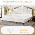 SHA CERLIN King Size Bed Frame with Adjustable Headboard/Velvet Upholstered/Diamond Button Tufted and Metal Studs/No Box Spring Needed/Sturdy Wood Slat Support/Easy Assembly/White