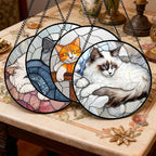 Stained Glass Window Hanging 4 Pcs Set Cute Cat Large 11.8" - Suncatcher Door Garden Sun Catcher Decor Birthday Mother's Day Christmas Comfort Gifts for Lost Pet Woman Nana Mom Men Friend