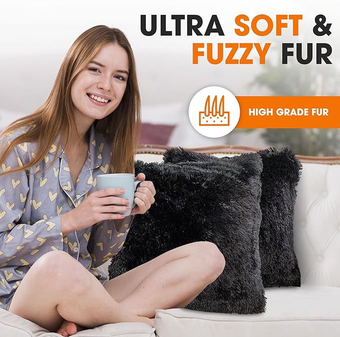 Cheer Collection Throw Pillows for Couch and Bed, Soft Shaggy Throw Pillows with Inserts Included, Cozy Long Hair Faux Fur Pillows - Set of 2-26" x 26" Black