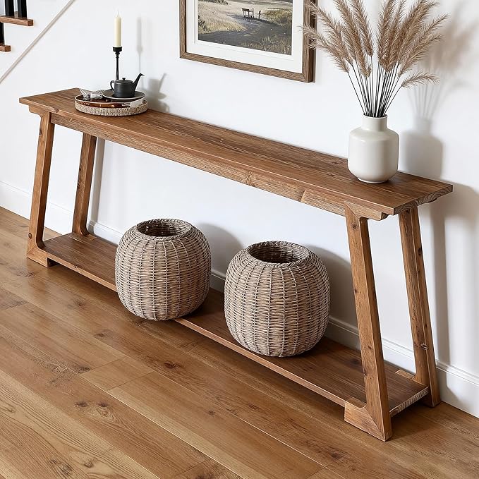 Tribesigns 63-Inch Long Console Table, 2-Tier Solid Wood Sofa Table with Storage, Narrow Behind Couch Accent Furniture for Living Room, Hallway, Entryway
