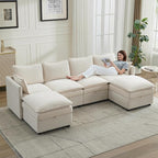 105" Cloud Modular 4 Seater Sofa with 2 Storage Ottoman, Modern Upholstered Sofa Storage Sofa Couch Deep Seat, U Shape Sectional Sofa Chenille Comfy Couch with Armrests for Living Room, Beige