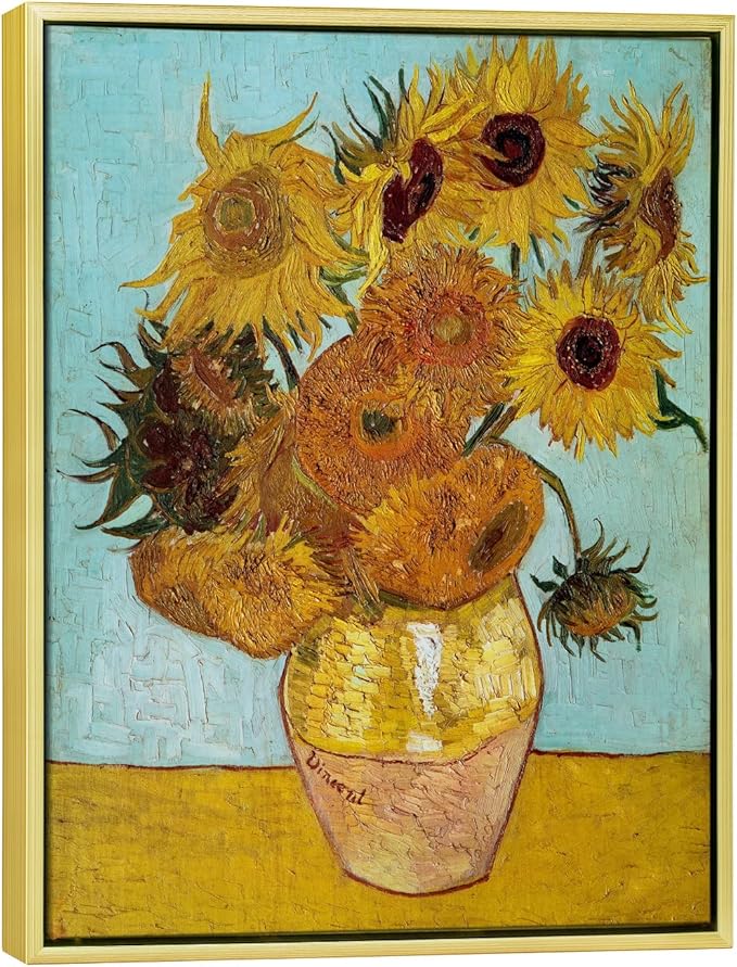 Wieco Art Framed Wall Art Canvas Prints of Sunflower by Vincent Van Gogh Paintings Reproduction Abstract Wall Decorations for Living Room Golden Frame
