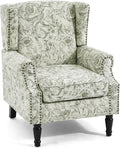 Wingback Accent Chair, High Back Upholstered Armchair, Printed Fabric Wingback Arms Chairs with Wood Legs, Single Sofa Reading Chair for Bedroom Living Room, Green Pattern