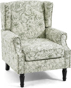 Wingback Accent Chair, High Back Upholstered Armchair, Printed Fabric Wingback Arms Chairs with Wood Legs, Single Sofa Reading Chair for Bedroom Living Room, Green Pattern