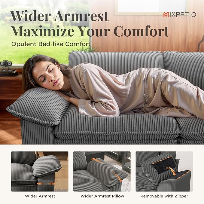 157.5" Cloud Modular Sectional Sofa, 4-Seater w/Deep Seat & Removable Arms, Plush Corduroy for Living Room - Gray