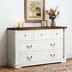 Farmhouse 7 Drawer Dresser for Bedroom, 52" Wide Rustic Chest of Drawers with Retro Handle, White Dresser with Natural Texture, Wood Vintage TV Stand for Living Room, Hallway, Antique White