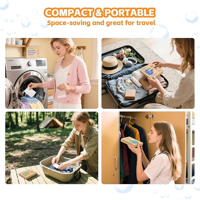 Laundry Detergent Sheets - 4 New Scented 128 Loads Travel Laundry Sheets for Dorm,College,Home,Hotel,Apartment,Camping,Ruise,Road Trip,Beach Vacation,Small Space,Family School Travel Essentials