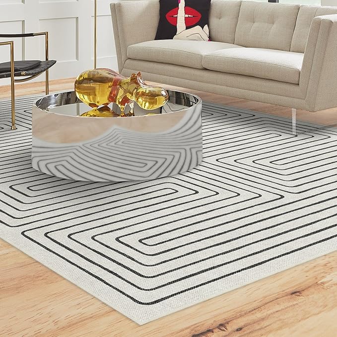 RUGGABLE x Jonathan Adler Machine Washable Modern Area Rug – Labyrinth Black/Ivory 5x7, Stain-Resistant, Non-Slip – Medium Rugs for Living Room, Bedroom, Hallway, Entryway & Office–with Cushioned Pad