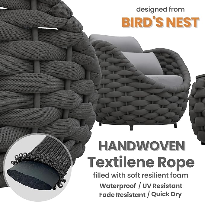 Fully Assembled Patio Furniture Set: 5 Pieces Woven Rope Outdoor Conversation Set Cushioned - Modern Metal Deck Loveseat Chair Table Set - Porch Seating for Courtyard Garden Pool Balcony Hotel