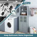 LOKO Tall Bathroom Cabinet, Modern Storage Organizer with Doors & Open Shelves, Wooden Floor Cabinet with Adjustable Shelves for Bathroom, Living Room or Kitchen (Grey)