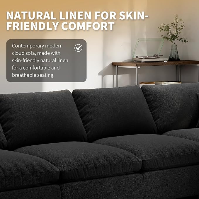 Modern Sectional Linen Couch for Living Room L-Shape Sofas,5 Seat Modular Cloud Sofas,Couches Cushion Covers Removable,Cozy Feather Down Sofa for Apartment Black