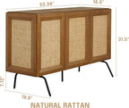 NTC MOSSIC Modern Sideboard with 3 Doors, Natural Rattan Storage Cabinet, Buffet with Metal Legs, Boho Accent Cabinet for Living Room, and Entryway, Effortless Assembly - Rustic Oak