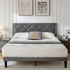 Full Size Platform Bed Frame with Velvet Upholstered Headboard and Sturdy Wooden Slats Support,Mattress Foundation，Easy Assembly, No Box Spring Needed,Slip Resistant (Grey, Full)
