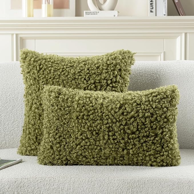 FUTEI Olive Green Decorative Throw Pillow Covers 26x26 Inch Set of 2,Soft Fluffy Faux Wool Fur Boucle Textured Euro Pillow Shams,Modern Home Decor for Couch Bed Living Room Office