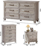 Farmhouse Bedroom Dresser and Nightstand Set of 4, 6 Drawer Tall & Low Dresser & 3 Drawer Nightstand Set with Wooden Legs, Rustic Wood Bedroom Furniture Sets for Livingroom, Hallway, Grey