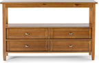 SIMPLIHOME Warm Shaker Console Table - 48 Inch Wide Solid Wood Sofa Table in Light Golden Brown, Transitional Storage for Living Room with 4 Drawers, Open Shelf, and Brushed Nickel Knobs