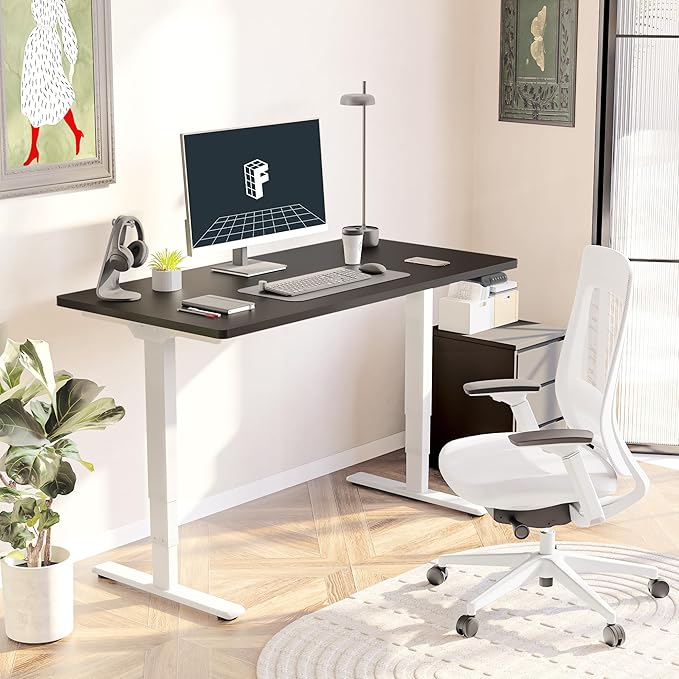 FLEXISPOT E6 3 Stages Dual Motor Electric Standing Desk 48x30 Inch Whole-Piece Board Height Adjustable Electric Sit Stand Desk(White Frame + Black Desktop, 2 Packages)