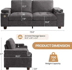 74" Loveseat Couch for Living Room,Modern Chenille Upholstered Sofa with Adjustable Storage Armrest Cup Holders,USB & Type-C Ports,Solid Wood 2-Seater Loveseat Sofa for Apartment(Deep Gray)