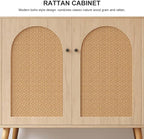 Rattan Storage Cabinet, 2-Door Boho Sideboard in Oak, Adjustable Shelf, Elegant Rattan Buffet Cabinet with Storage for Stylish Home Organization 31.5" Oak