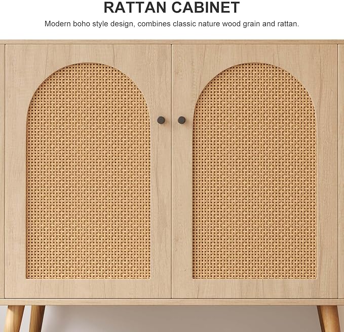 Rattan Storage Cabinet, 2-Door Boho Sideboard in Oak, Adjustable Shelf, Elegant Rattan Buffet Cabinet with Storage for Stylish Home Organization 31.5" Oak Set 2
