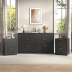 3-Piece Modern Bedroom Furniture Set, Wide 7-Drawer Dresser & 3-Drawer Nightstands Set of 2, Natural Wood Dresser and Nightstand Sets for Bedroom, Hallway, Black