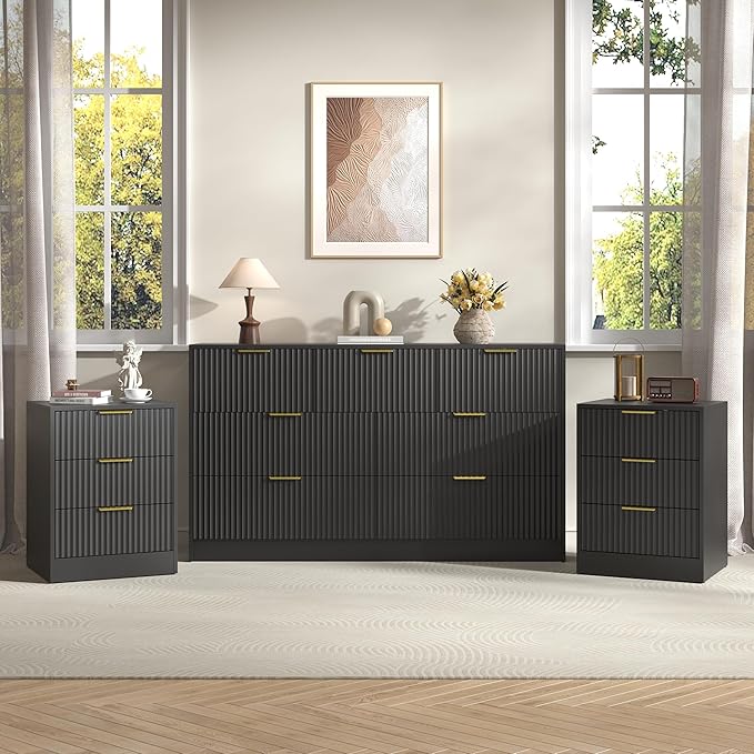 3-Piece Modern Bedroom Furniture Set, Wide 7-Drawer Dresser & 3-Drawer Nightstands Set of 2, Natural Wood Dresser and Nightstand Sets for Bedroom, Hallway, Black