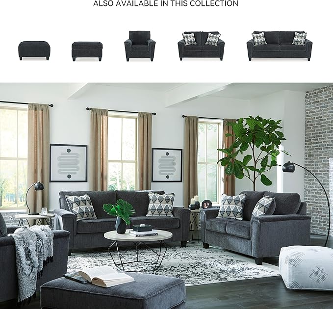 Signature Design by Ashley Abinger Chenille Contemporary Loveseat with 2 Accent Pillows, Dark Gray