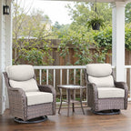 Swivel Patio Chairs Set of 3 with 6" Thick Cushion - Wicker Outdoor Swivel Rocker Patio Chairs with Side Table, High Back Comfortable Outdoor Glider Chair - Brown Wicker | Beige Cushions