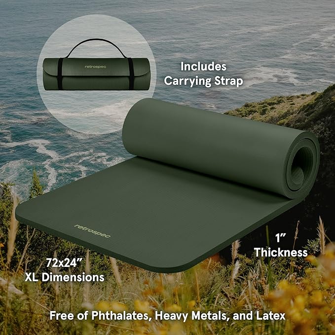 Retrospec Solana Yoga Mat 1" Thick With Nylon Strap For Men & Women - Non Slip Exercise Mat For Home Yoga, Pilates, Stretching, Floor & Fitness Workouts