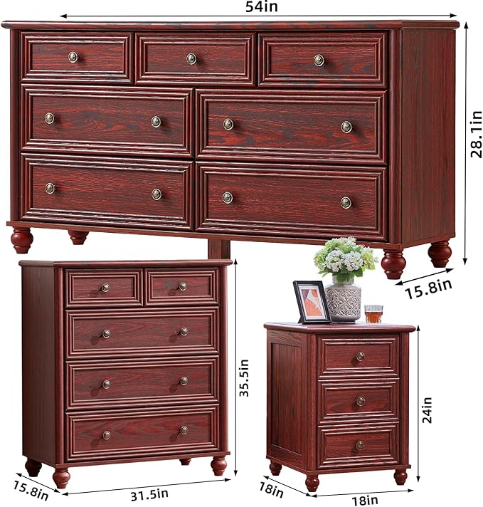Farmhouse Dressers & Night Stand Set of 4, Wood 54" Wide 7 Drawer Dresser & 35" Tall Chest of Drawers, 18" Roman Column Nightstand Set of 2, Bedroom Furniture Dresser Sets for Home Living Room Hallway