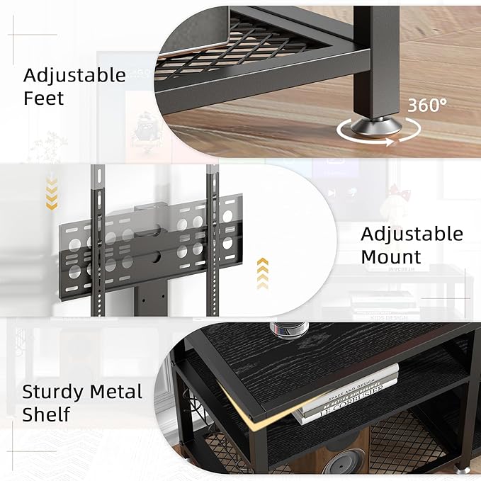 VECELO 71" TV Stand with Mount and Power Outlets, Entertainment Center with Open Storage Shelves, Height Adjustable Mount up to 80”, Wooden Table and Metal Frame for Living Room, Modern Black