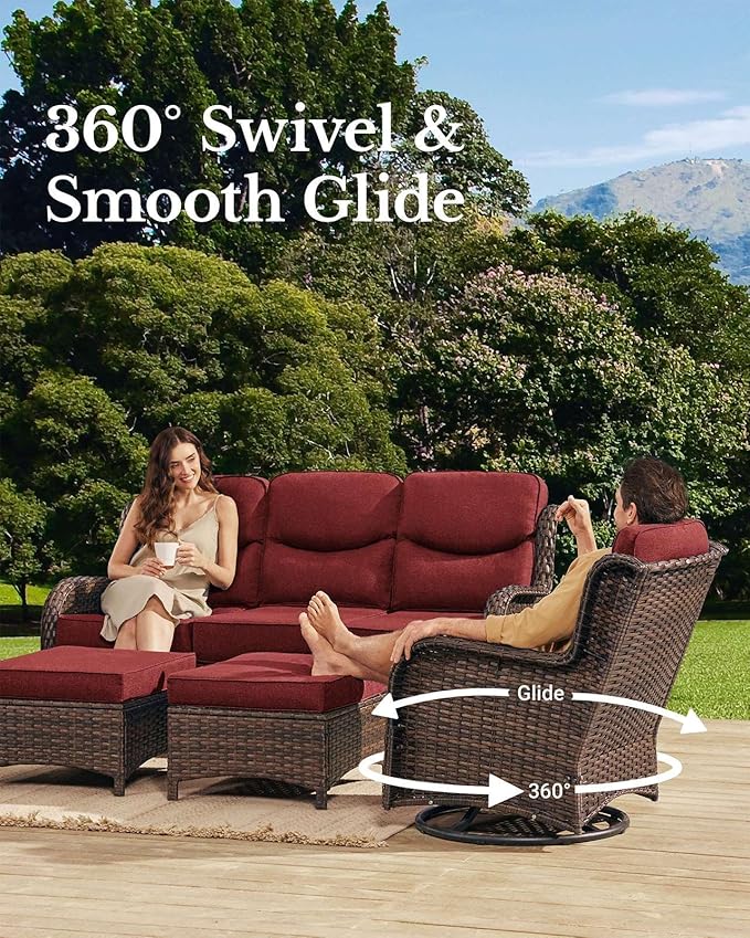 HILLGA Luxury Patio Furniture Set with 6-inch Thick Cushion, Outdoor Couch and High Back Swivel Rocker Patio Chairs, 8PCS Wicker Conversation Set for Deck Yard and Poolside, Burgundy (V2)