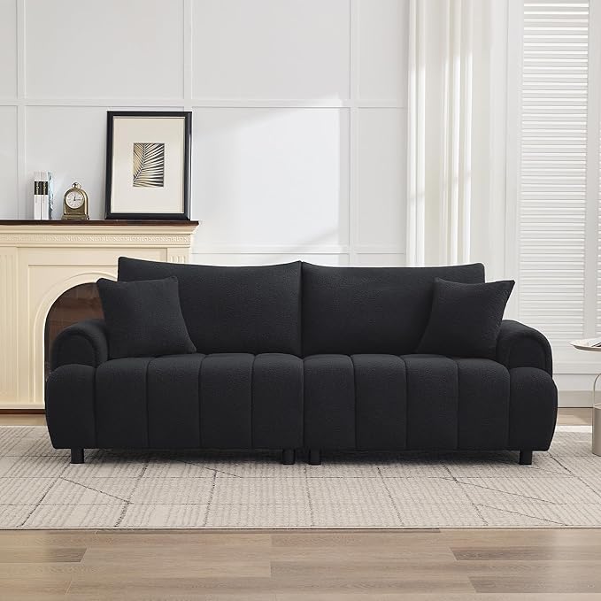 88 "Modern Boucle Sofa Couch, Oversized Comfy 3 Seater Sherpa Curved Sofas Deep Seat, Upholstered Loveseat Teddy Round Arm Couches for Living Room, Bedroom, Black