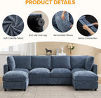 3-Seater Modular Sectional Cloud Sofa with Ottoman, L-Shaped Couch for Living Room, Modern Convertible Deep Seats Sofa, Chenille Blue