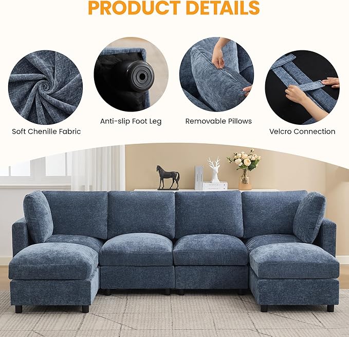 4-Seater Modular Sectional Cloud Sofa with Ottoman, Convertible L-Shaped Couch for Living Room, Modern Deep Seat Modular Sofa, Chenille Blue