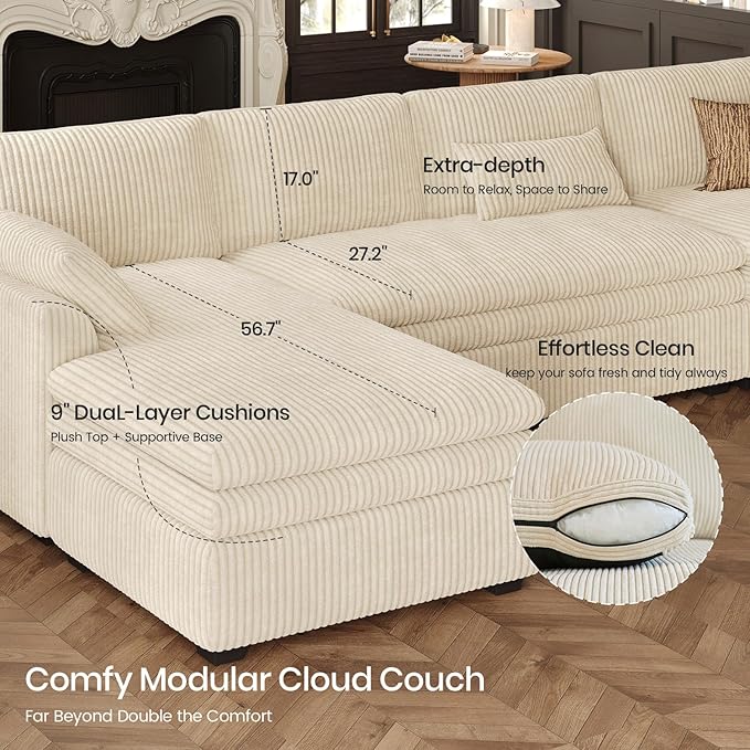 Belffin Large Modular Sectional Sofa with Double Deep Chaise and Loveseat, Corduroy U Shape Couch with 9" Soft Dual-Layer 9 Seats Cushion for Living Room, Apartment, Beige