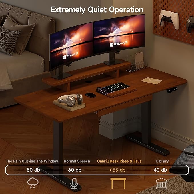 ONBRILL Standing Desk with Drawer, 55x23.6 Inches Solid Wood Desktop Stand Up Desk with Whole-Piece Board and Storage Shelf, Adjustable Height from 28-46 Inches for Home & Office, Brown