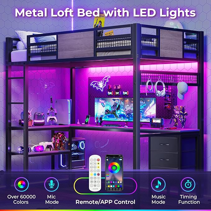 ADORNEVE Loft Bed Twin Size with L-Shaped Desk, LED Lights,Charging Station, Twin Metal Loft Bed Frame with Fabric Drawers & Shelve, 13.4" H Safety Guardrail, No Box Spring Needed, Grey