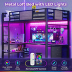 ADORNEVE Loft Bed Twin Size with L-Shaped Desk, LED Lights,Charging Station, Twin Metal Loft Bed Frame with Fabric Drawers & Shelve, 13.4" H Safety Guardrail, No Box Spring Needed, Grey