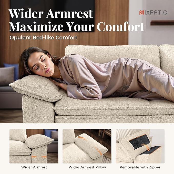 Cloud Couch Sectional Sofa Set, Plush 24.4-Inch Deep 5-Seat Sectional with Velvety Chenille & Removable Arms for Living Room and Apartment, Beige