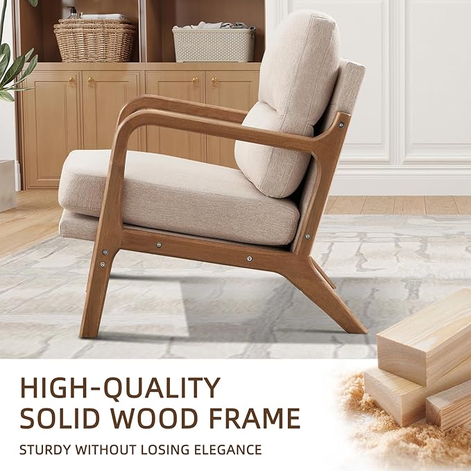 Mid Century Modern Accent Chair Set of 2, Linen Fabric Upholstered Lounge Arm Chair with Solid Wood Frame and Soft Cushion for Living Room, Bedroom, Balcony (1, Beige)