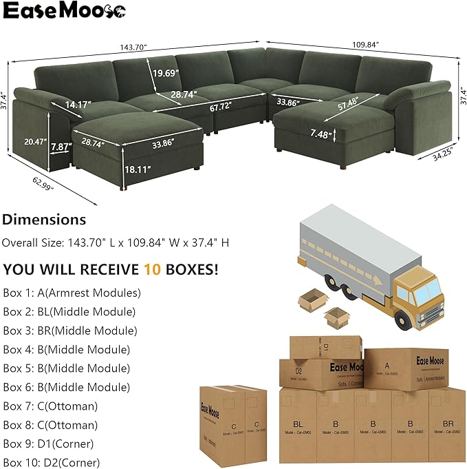 EASE MOOSE Extra Large Sectional Modular Sofa,Oversized U Shape Sectional Couch Wide Deep Seat Modular Cloud Couch,Green