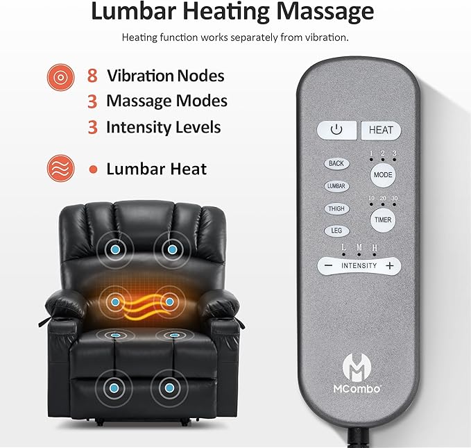 MCombo Oversized Power Lift Recliner Chair for Elderly, Lift Chair with Heat and Massage, Lift Recliner for Big and Tall, Cup Holders, USB &Type C Ports, Faux Leather R7092 (Black, Oversize)