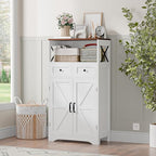 SUPER DEAL Farmhouse Storage Cabinet, Bathroom Floor Cabinet Kitchen Pantry with Doors and Drawers, Hutch Cupboard for Laundry, Living Room, Bedroom, White